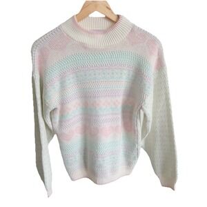 Vintage SPUNKY 1980s Knit Faire Isle Hearts Sweater Pastel Pink/Purple/Blue Sm